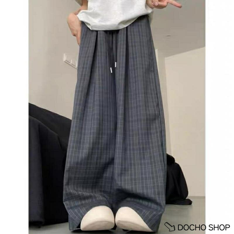 乐天商城 - ワイドパンツ レディース チェック柄 ゆったり 夏 薄手 ストレート カジュアル ハイウエスト ロング丈 ズボン ボトムス ガウチョパンツ