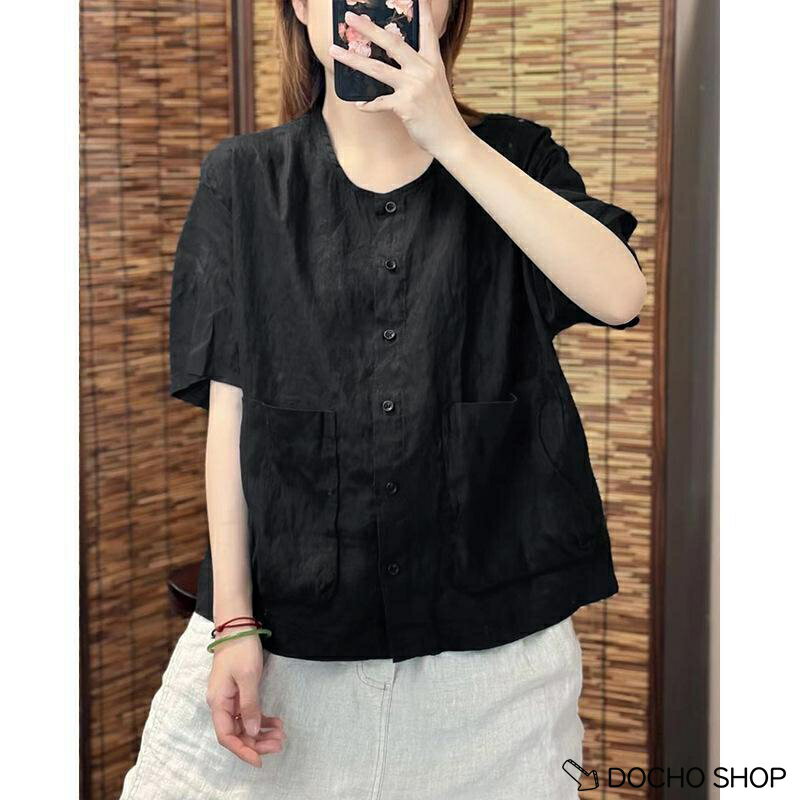 乐天商城 - ブラウス レディース 夏 リネン シャツ 半袖 綿 麻 綿麻混 通気性 レトロ シンプル ゆったり ス フリーサイズ 涼しい 普段着