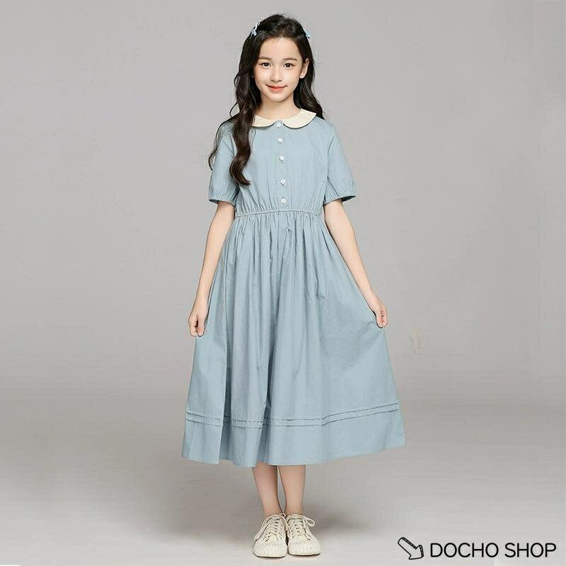 乐天商城 - ワンピース キッズ 女の子 夏 半袖 襟付き 子供 カジュアル ロング丈 スカート 丸襟 お出かけ 通学 発表会 入園式 可愛い 清涼感