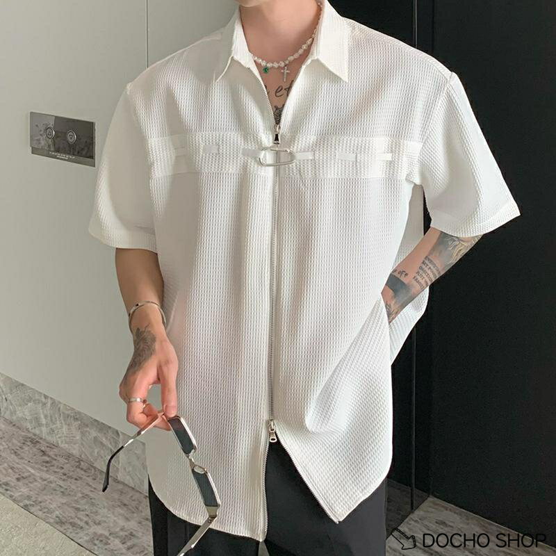 乐天商城 - ジップアップシャツ メンズ 半袖 ワッフル生地 襟付き ドロップショルダー カジュアル 夏 ルーズフィット 羽織り きれいめ 無地 凹凸感