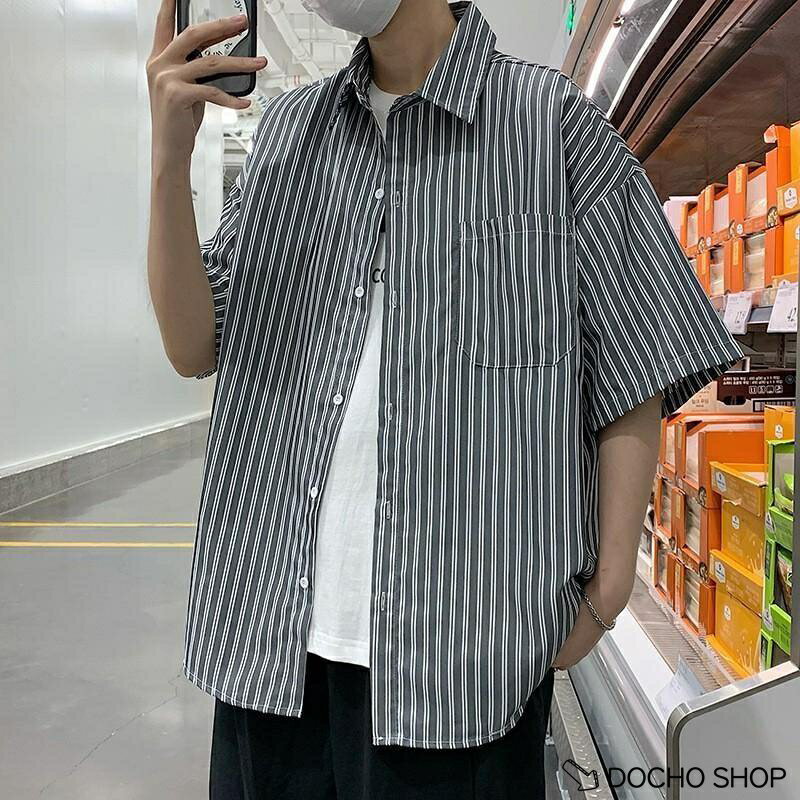 乐天商城 - シャツ メンズ 半袖 ストライプ カジュアル ブルー オーバーサイズ ビッグシルエット 夏 ゆったり 軽い 涼しい 清潔感 きれいめ 通勤