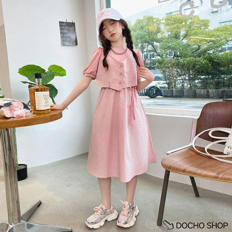 乐天商城 - 子供 女の子 ワンピース 夏 重ね着風 キッズ ガールズ 半袖 フェイクレイヤード 学院風 カジュアル 発表会 通学 お出かけ 膝丈 綿