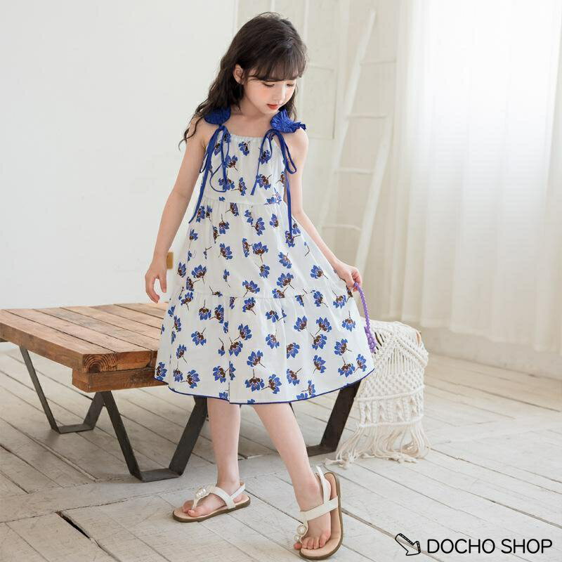 乐天商城 - 子供 女の子 ワンピース 夏 キッズ 肩リボン ノースリーブ 花柄 ティアード サマードレス 爽やか リゾート 膝丈 背中あき プリンセス