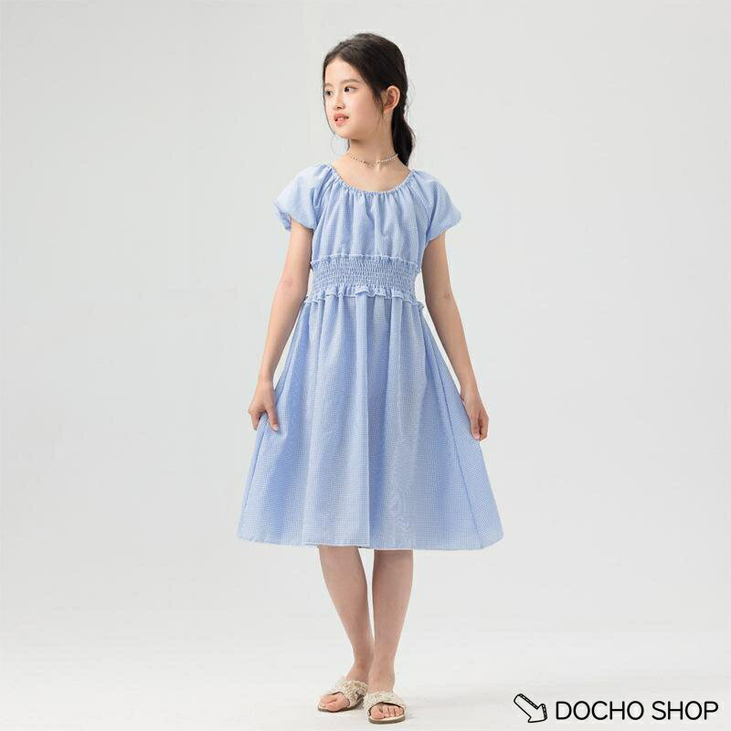 乐天商城 - ワンピース 女の子 キッズ 夏 子供 ギンガムチェック 半袖 シャーリング パフスリーブ Aライン ひざ丈 カジュアル 通学 お出かけ