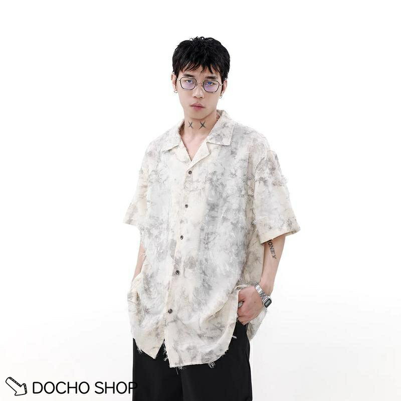 乐天商城 - カジュアルシャツ メンズ ダメージ加工 フリンジタイ 切りっぱ オープンカラー シャツ 襟付き 総柄プリント 肌触り抜群 半袖 夏 お洒落