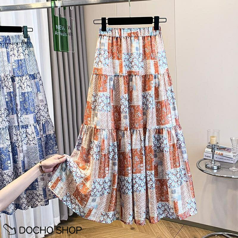 乐天商城 - ティアードスカート ロングスカート レディース 春 夏 花柄 パッチワーク エスニック ボタニカル柄 ふんわり 軽やか ウエストゴム