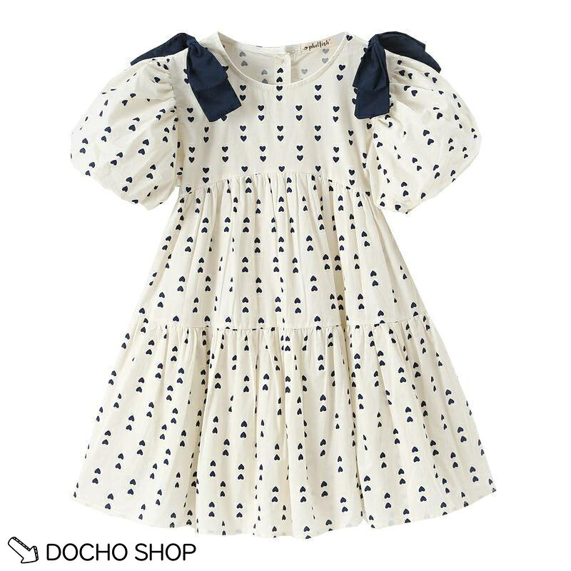 【楽天スーパーSALE】ワンピース 女の子 子供 ハート柄 パフスリーブ バルーン袖 夏用 半袖 夏 ガールズ キッズ 発表会 お出かけ エアリー ふわふわ 子供