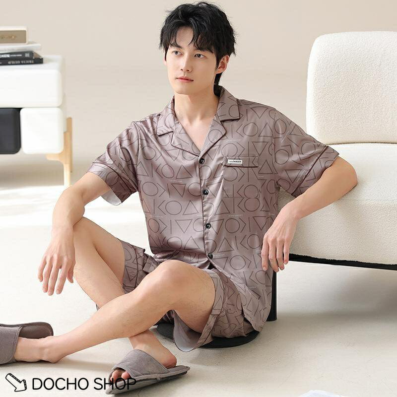 乐天商城 - パジャマ メンズ 夏 半袖 上下セット アイスシルク 前開き ルームウェア 紳士用 寝巻き 薄手 接触冷感 涼しい シルク調 サテン 快眠