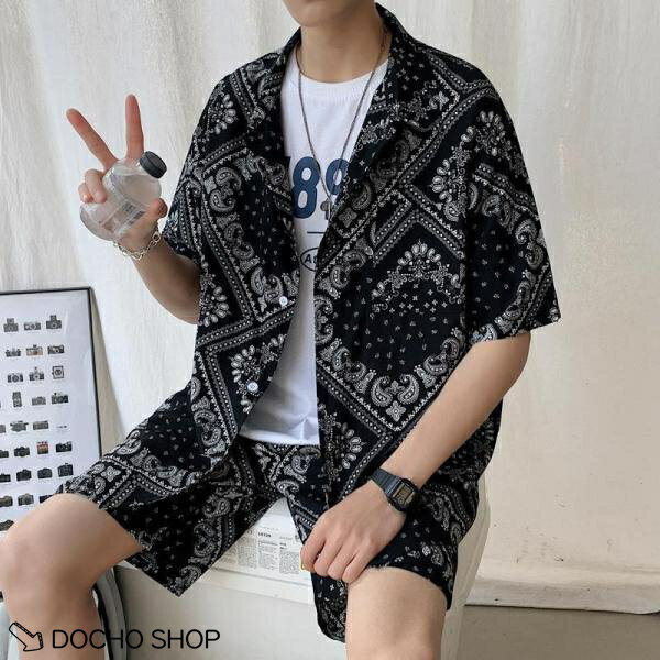 乐天商城 - セットアップ メンズ 春夏 半袖 上下セット カジュアルシャツ ハーフパンツ 大きいサイズ ペイズリー柄 バンダナ柄 涼しい 海 ビーチ リゾート