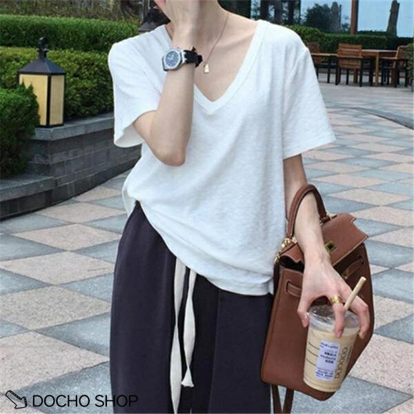 乐天商城 - 新作 夏 Tシャツ レディース 半袖 Vネック 無地 おしゃれ ゆったり カジュアル デイリー