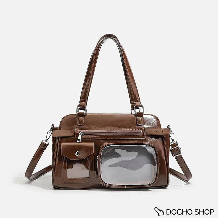 DOCHOSHOP楽天市場店のバッジ収納 痛バッグ 窓付き シンプル レディース PU 大容量 推し活 斜めがけ レトロ 透明 痛バッグ かわいい おしゃれ 無地 肩掛け 3｜アングル2