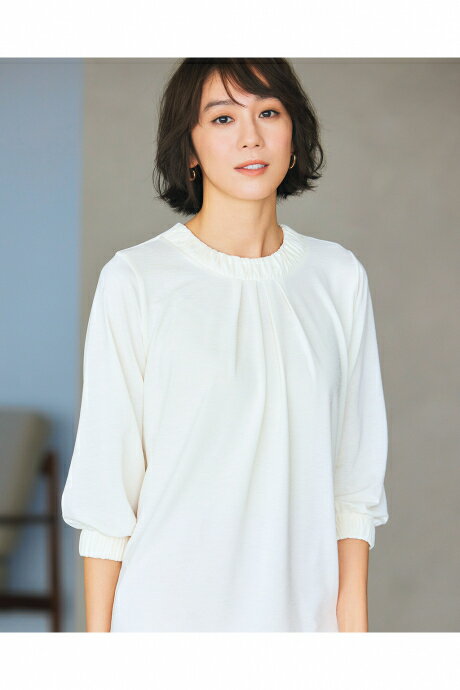 【ドゥクラッセ】 UVスラブ・クルーネックギャザーブラウス7分袖 レディース ( S〜XXL ) 30代 40代 50代 大人、輝く服 【DoCLASSE】