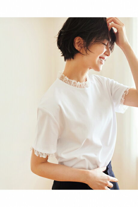 Rakuten - 【ドゥクラッセ】 レースネック＆スリーブ／半袖・ドゥクラッセTシャツ レディース ( S〜XXL ) 30代 40代 50代 大人、輝く服 【DoCLASSE】