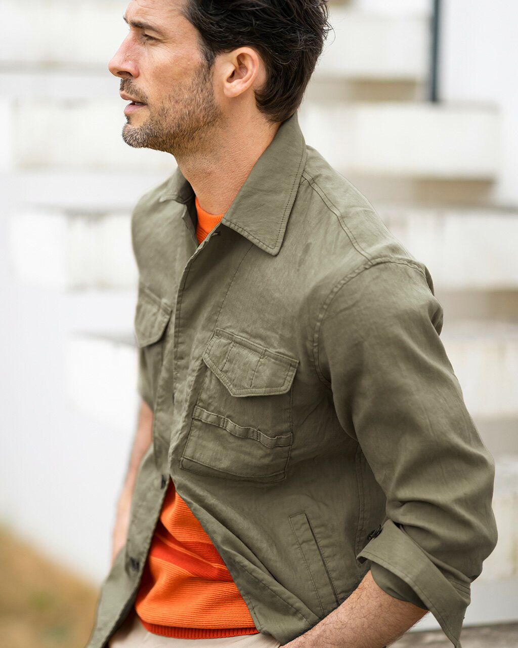 セール19%OFF ×【マラソンP10倍】【ドゥクラッセ】 リネンストレッチサファリシャツ メンズ ( S〜XXL ) 30代 40代 50代 大人、輝く服 【DoCLASSE】