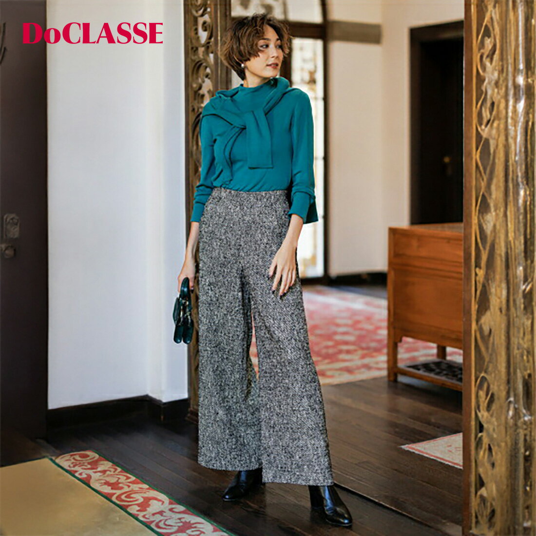 Rakuten - セール44%OFF 【ドゥクラッセ】 パンツ ネップツイル・サイドラインワイドパンツ レディース ( 7〜15 ) おしゃれ きれいめ 30代 40代 50代 大人、輝く服 【DoCLASSE】