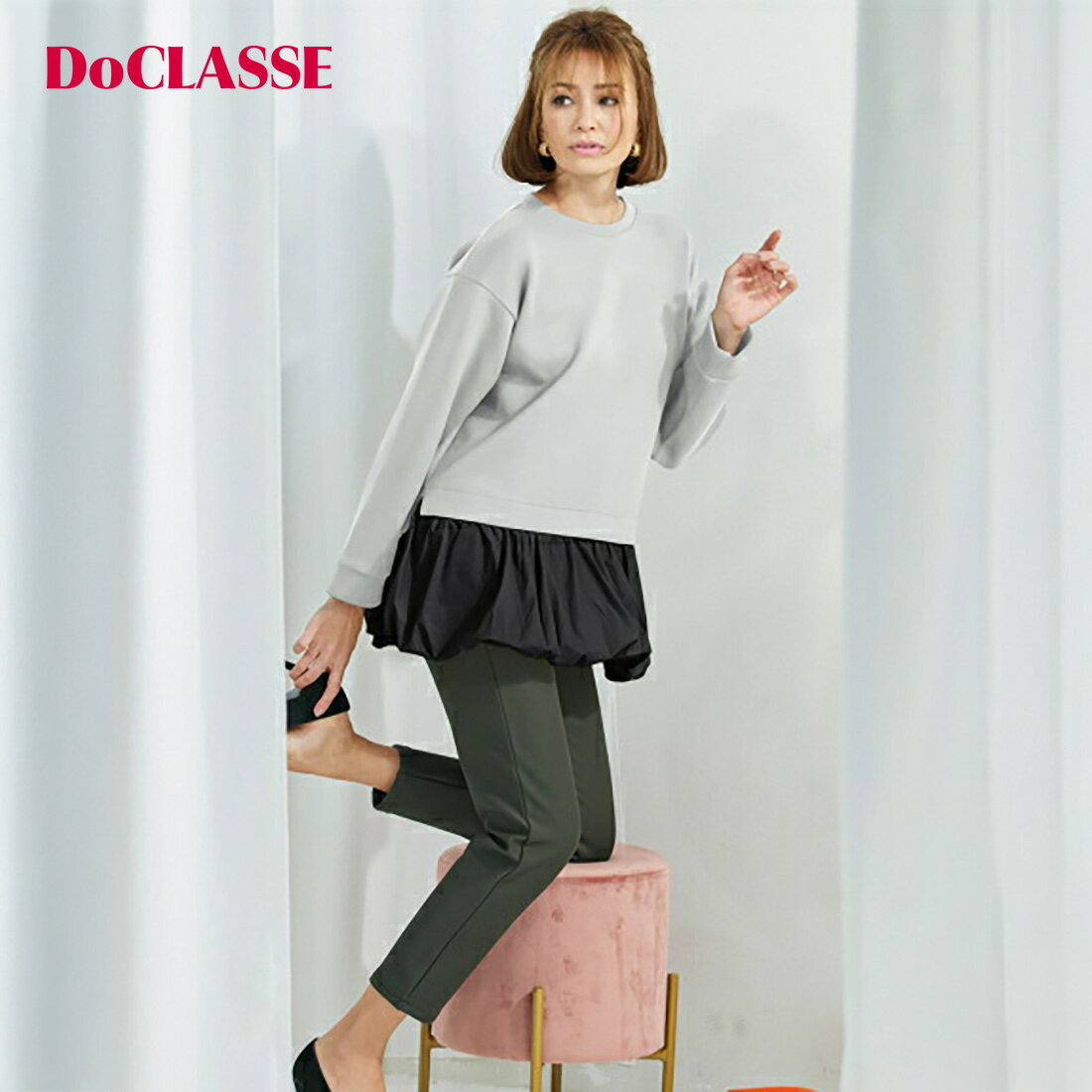 【ドゥクラッセ】 Tシャツ カットソー 艶感スウェット・異素材コンビトップス レディース ( S～XXL ) おしゃれ きれいめ 30代 40代 50代 大人、輝く服 【DoCLASSE】