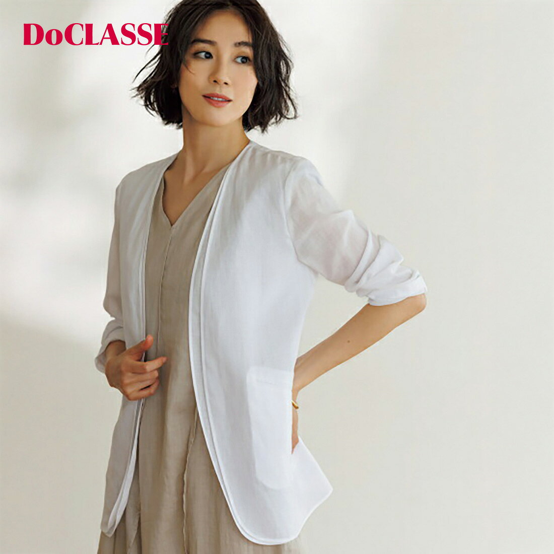 セール39%OFF 【ドゥクラッセ】 ジャケット シアーラミー・ダブルノーカラージャケット レディース ( 7〜15 ) おしゃれ きれいめ 30代 40代 50代 大人、輝く服 【DoCLASSE】