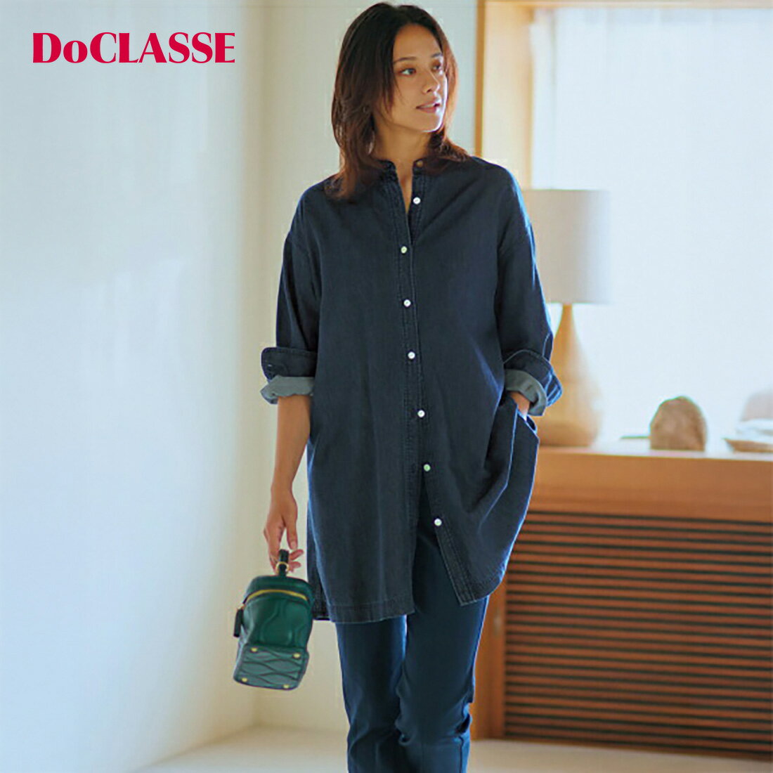 【ドゥクラッセ】 シャツ ブラウス ドレープデニム・ノーカラーロングシャツ レディース ( 7～15 ) おしゃれ きれいめ 30代 40代 50代 大人、輝く服 【DoCLASSE】