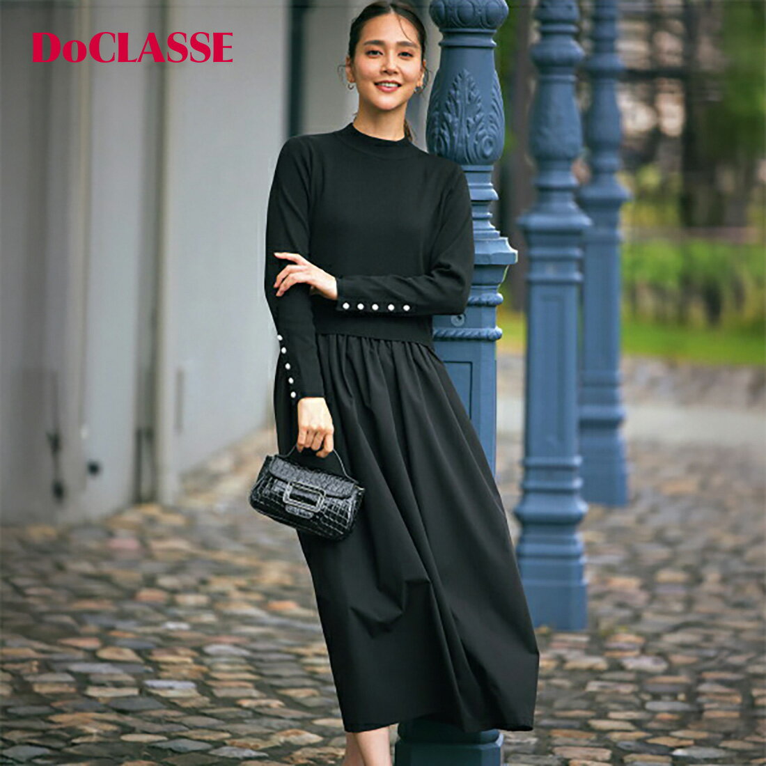Rakuten - セール50%OFF 【ドゥクラッセ】 ワンピース タフタ切替・パールボタン付きニットワンピ レディース ( S〜XXL ) おしゃれ きれいめ 30代 40代 50代 大人、輝く服 【DoCLASSE】