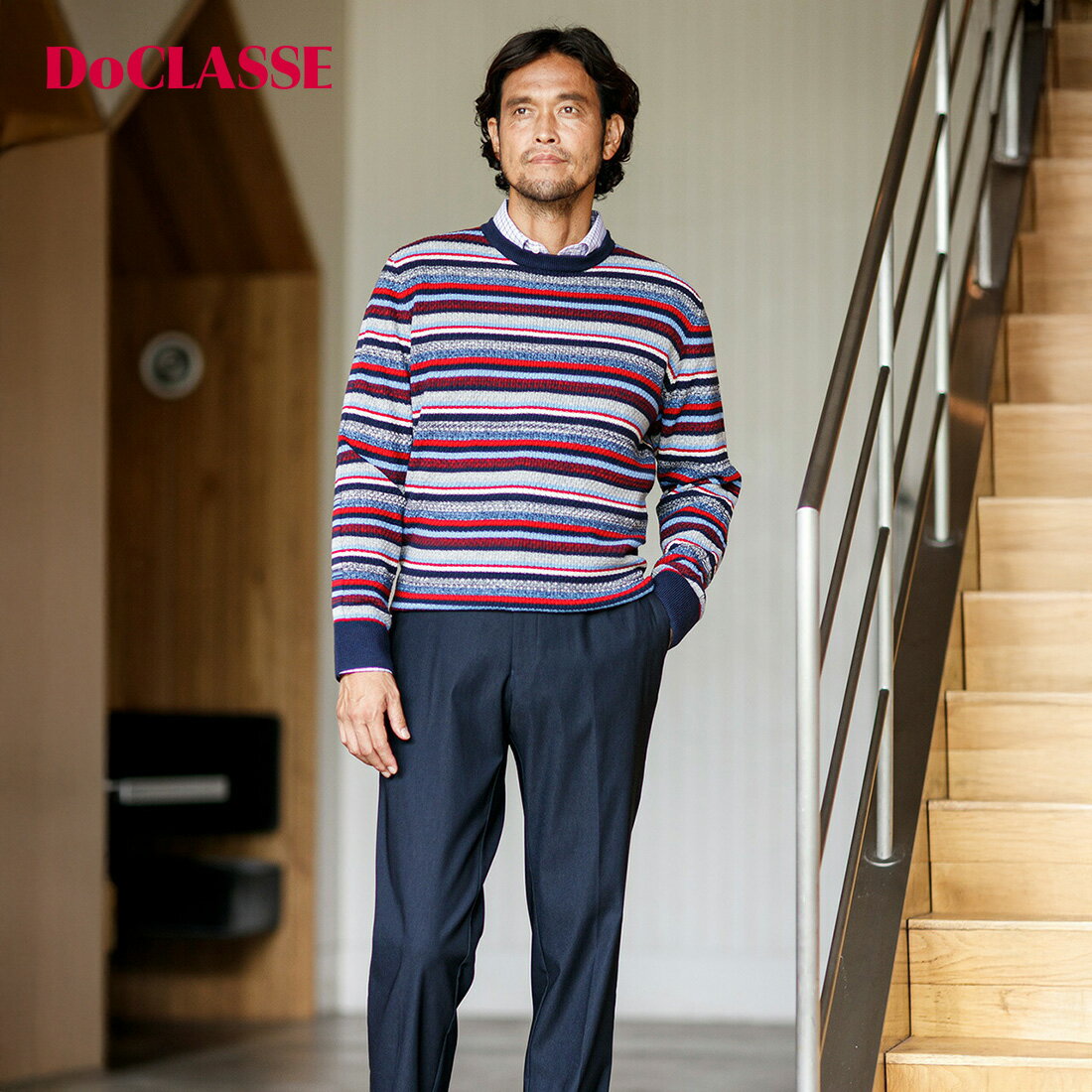 【ドゥクラッセ】 マルチボーダーニット メンズ ( S～XXL ) 30代 40代 50代 大人、輝く服 【DoCLASSE】