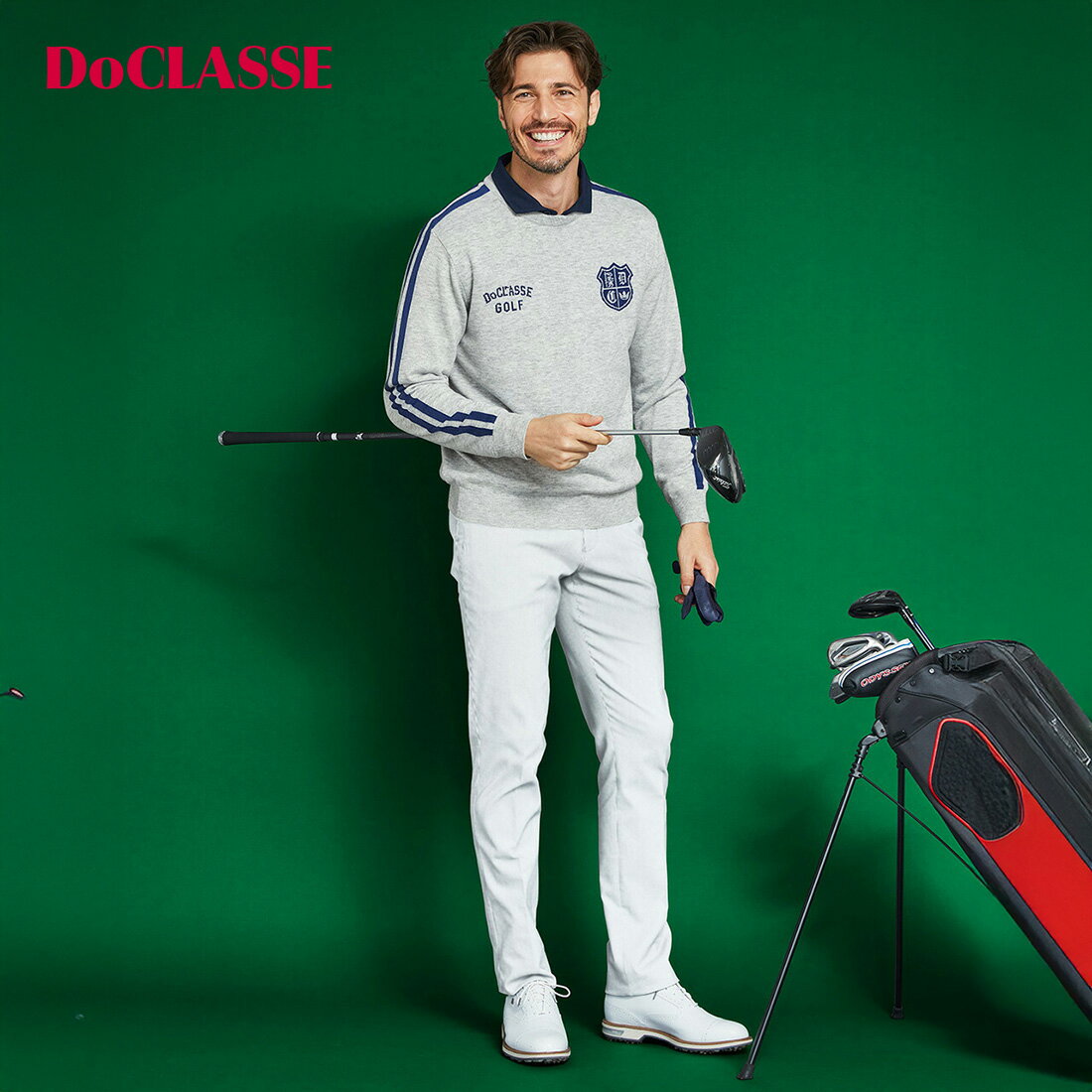 【ドゥクラッセ】 ロゴ防風裏地ニットクルーネック メンズ ( S〜XXL ) 30代 40代 50代 大人、輝く服 【DoCLASSE】