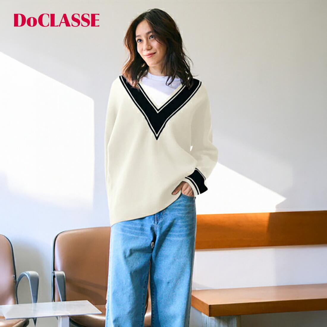 Rakuten - セール31%OFF 【ドゥクラッセ】 コットン混・配色Vネックセーター レディース ( M〜XL ) 30代 40代 50代 大人、輝く服 【DoCLASSE】