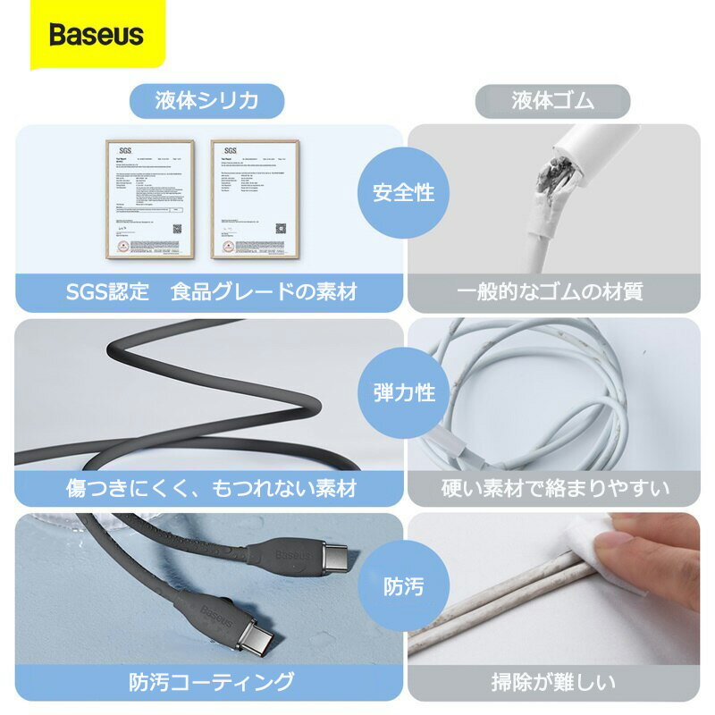 Baseus Type-C 100W ケーブル 断線しにくいシリコン素材 type c 中華系スマホにおすすめ XIAOMI HUAWEI OPPO VIVO Honor LENOVO【USB-A to USB-C】100W 20V/5A 超高速充電 ケーブル E-marker 1.2m/2m 純正品質 高速データ転送