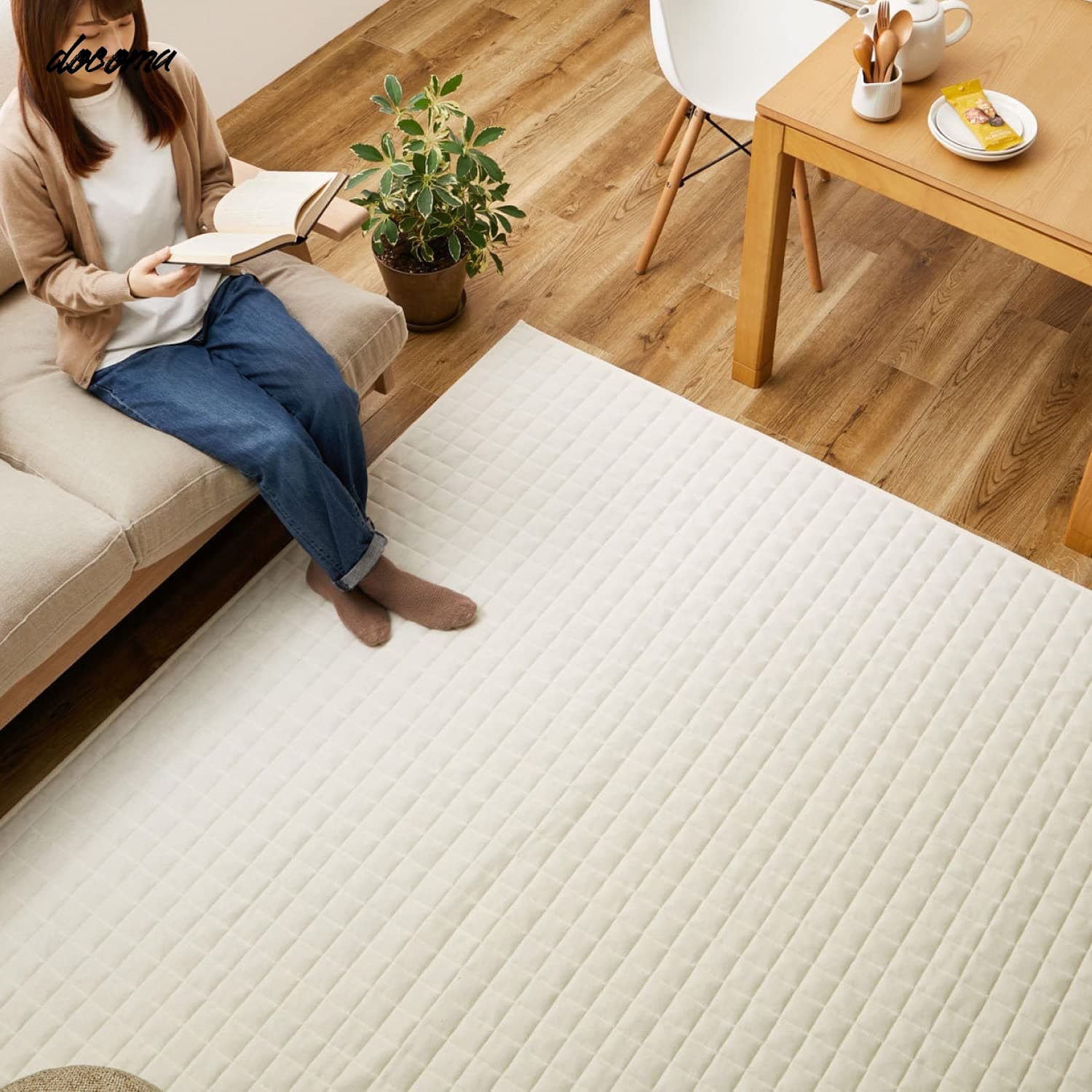 Rakuten - 【送料無料】ラグ アイボリー 約130×190cm 「ココン」 スウェットキルトラグ 洗濯機OK 滑りにくい加工 ホット対応
