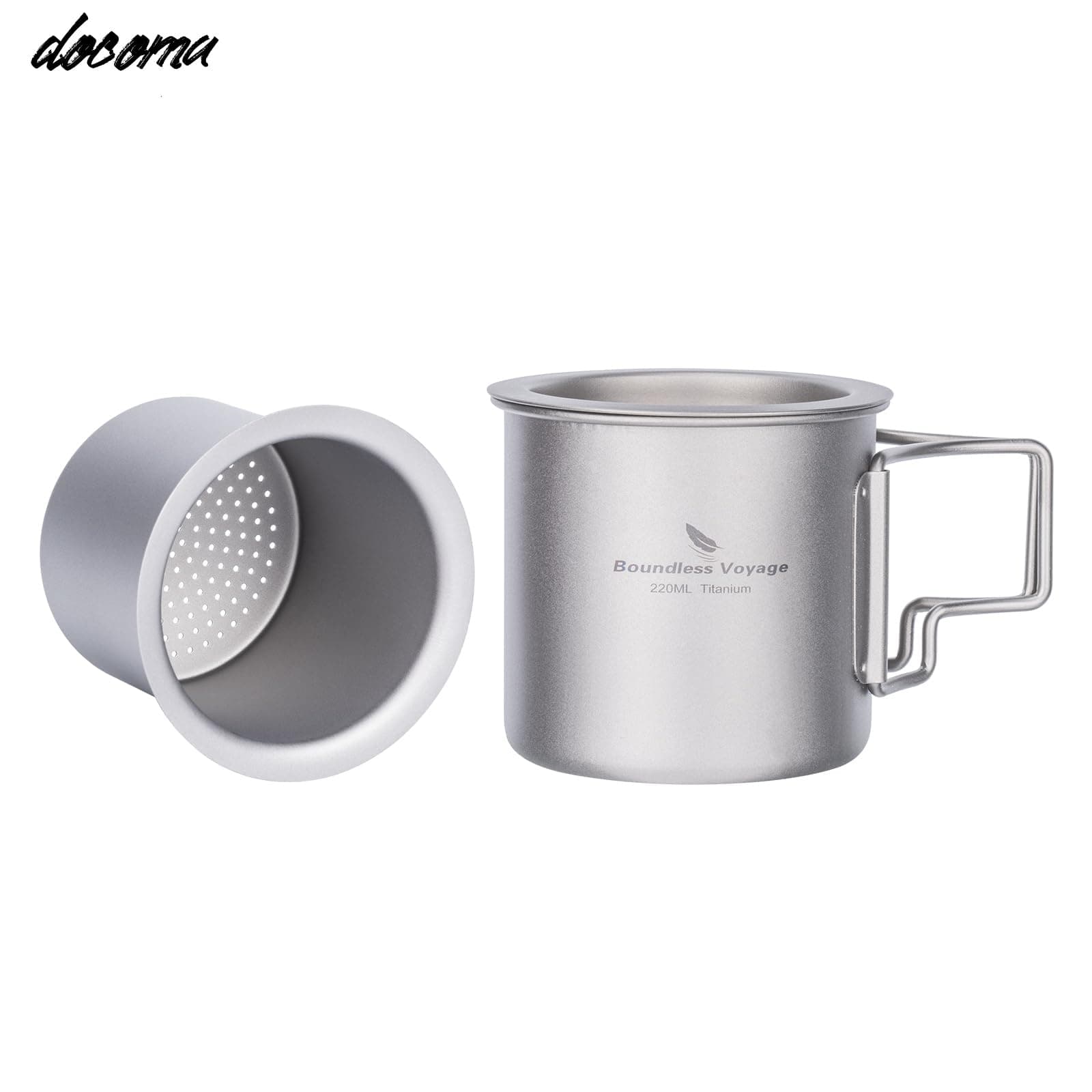 【送料無料】Voyage チタンマグカップ 220ml 茶こし付き 蓋付き 超軽量 単層構造 折りたたみハンドル 直火 錆びない アウトドア キャンプ用品 (220ml Ti3057D)