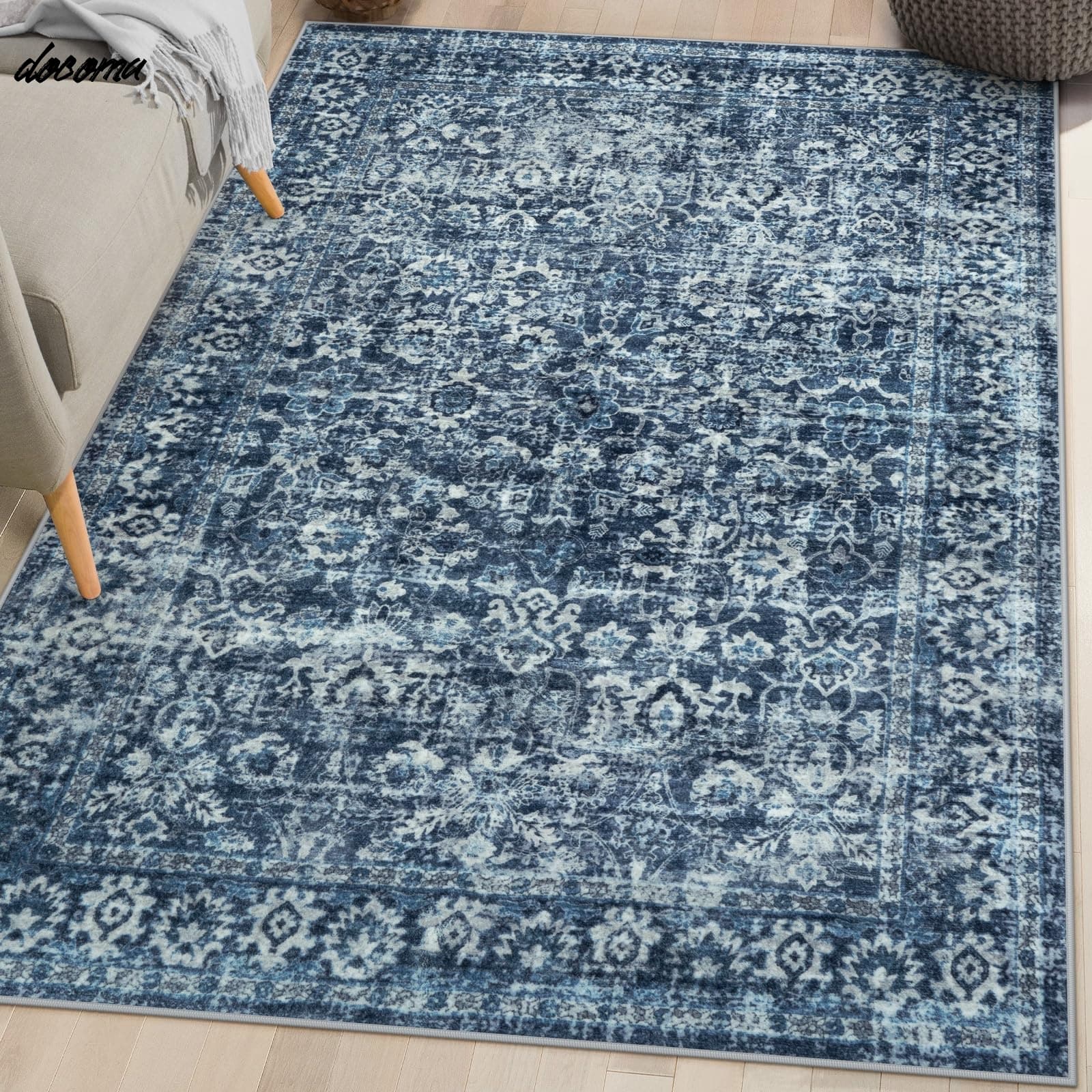 乐天商城 - 【送料無料】ラグ 洗える 90×150cm オールシーズン適用 ペルシャ風 ラグマット 1畳 ふわふわ おしゃれ 滑り止め ホットカーペット対応 防ダニ 防臭 軽量 防音マット リビング 寝室 チェアマット アンティーク 花柄 ブルー