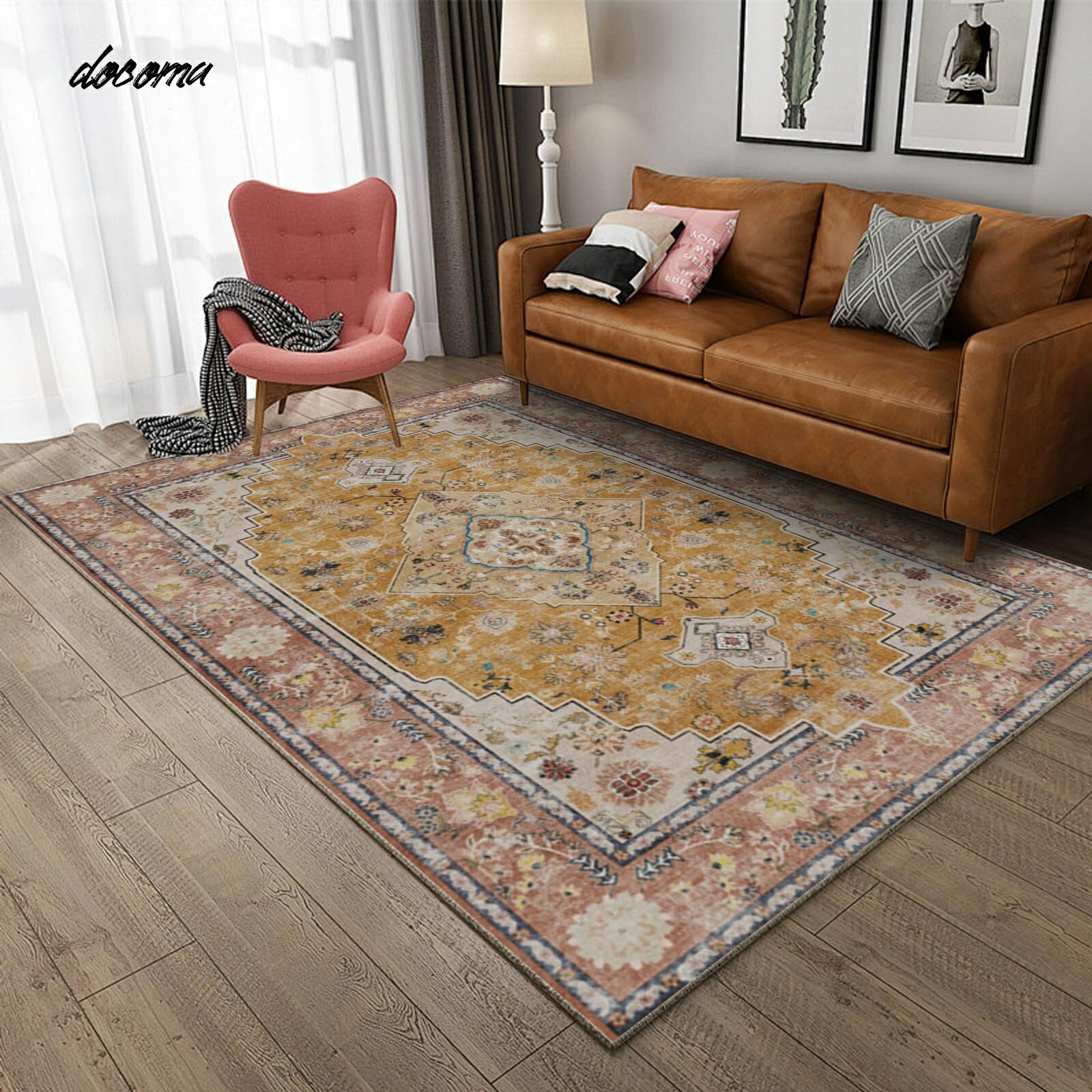 乐天商城 - 【送料無料】ペルシャ風 200x250cm 約3畳 カーペット リビング用 室内 滑り止め ホットカーペット夏用ラグ ペルシャ絨毯 耐磨耗性 絨毯 洗える ラグマット 軽量 花柄 ペルシャ風 ラグ カーペット 北欧（イエロー）