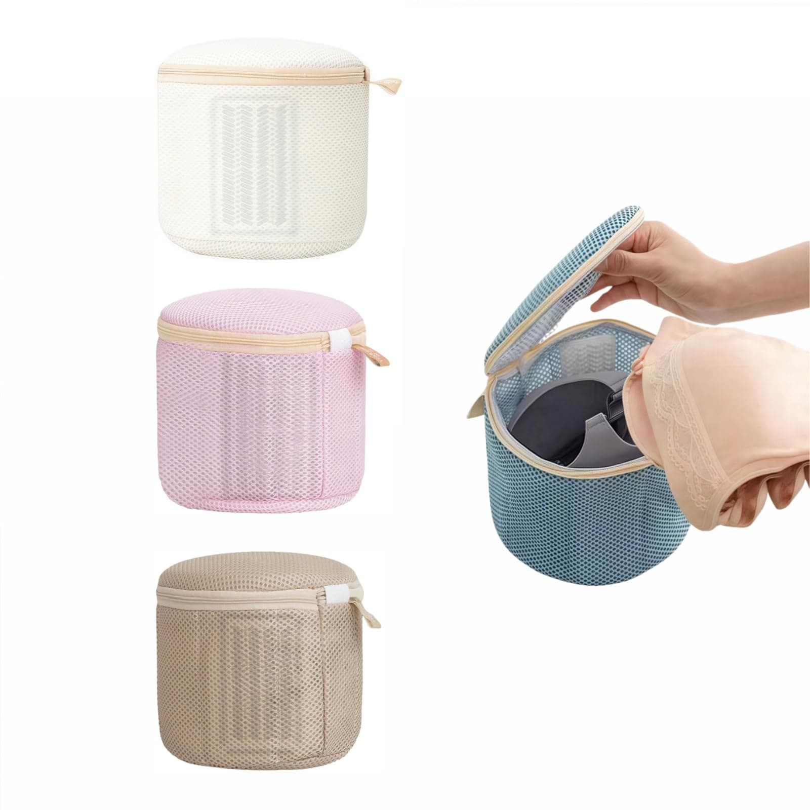樂天商城 - 【送料無料】4個セット】 ブラジャー 洗濯ネット 大きいサイズ18×15cm ランドリーネット 3D立体構造 かたちが崩れない 下着変形防止/絡まり防止 加厚メッシュ ファスナー保護カバー付き 洗濯機対応 両面支柱入り 四面ソフトボード付き グリーン&ベージュ&