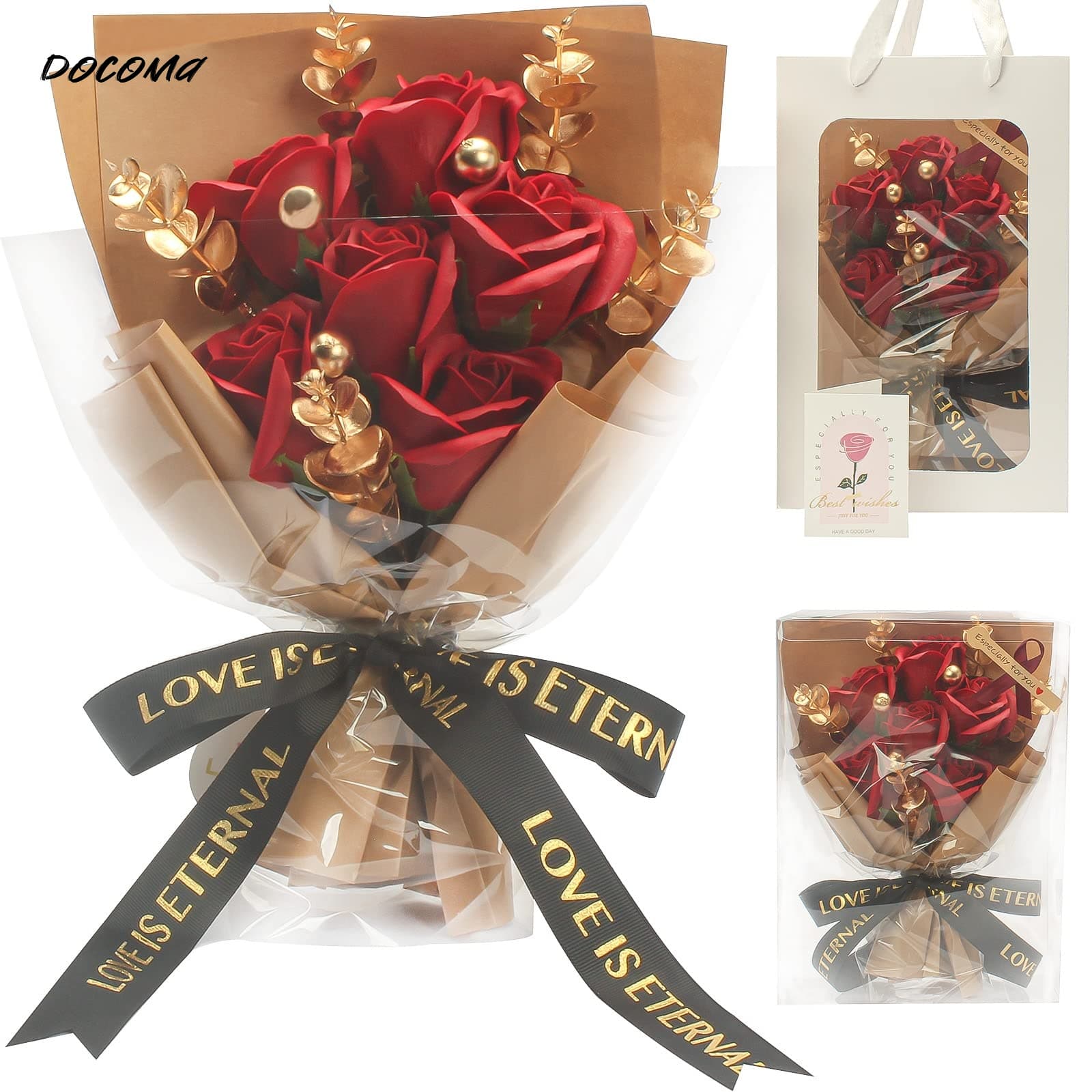 Rakuten - 【送料無料】赤いバラ 花束 造花 枯れない花 人気 クリアボックス、メッセージカード付き、手提げ付き