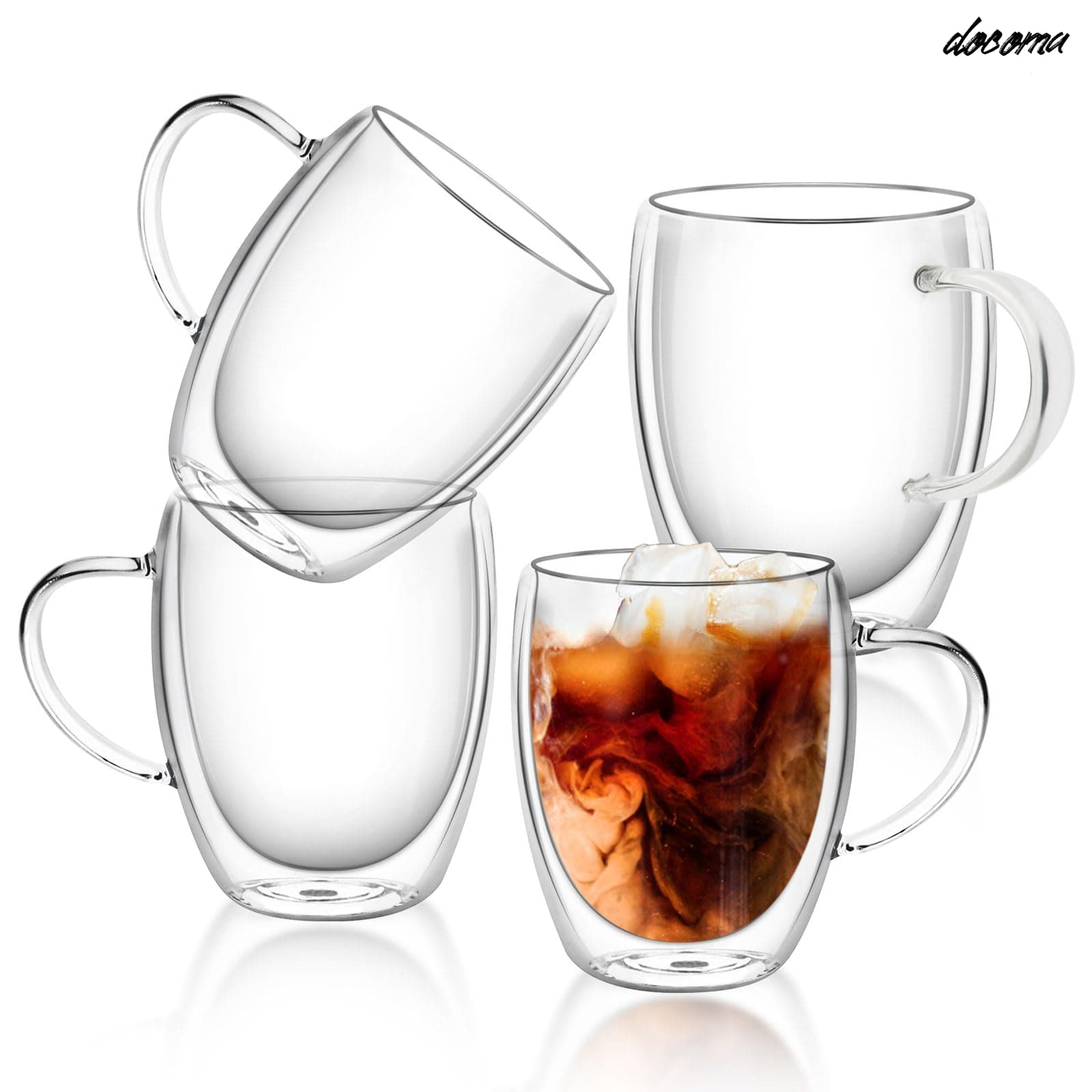 Rakuten - 【送料無料】350ml 4個セット グラスカップ コーヒーコップ ミルクコップ マグカップ 二重構造 保冷 保温 断熱 結露しないグラス 二重グラス ダブルウォール アイスコーヒー グラス タンブラー マグカップ ガラス グラスコップ ホーム用 オフィス用 透明