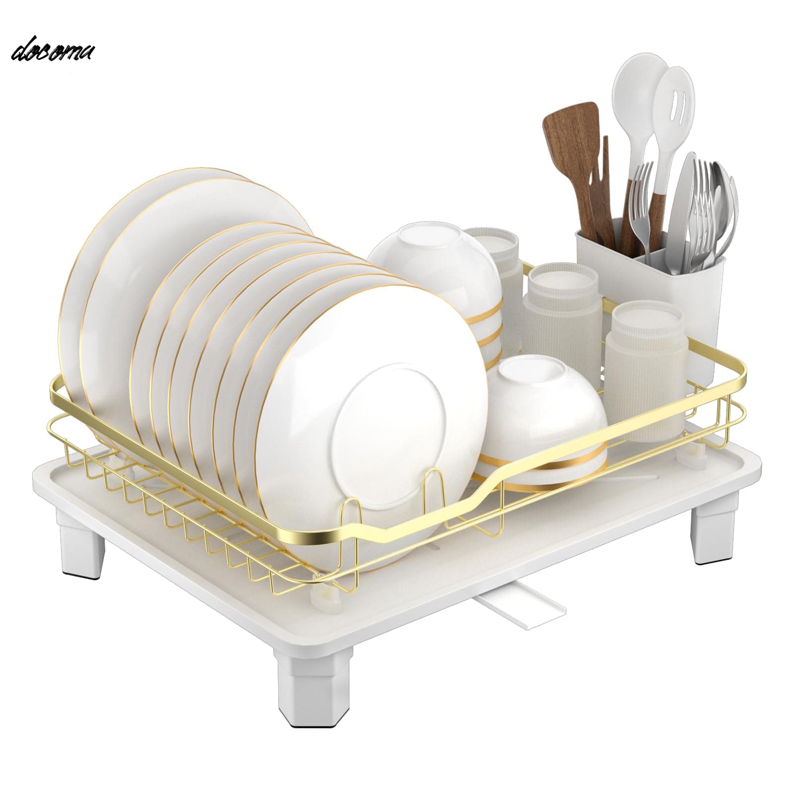 Rakuten - 【送料無料】ゴールド食器乾燥ラック、錆びない食器ラック（カトラリーホルダー＆自動排水ベース付き）、滑り止め脚＆簡単組み立て キッチンカウンター収納に最適な省スペース調理器具乾燥ラック