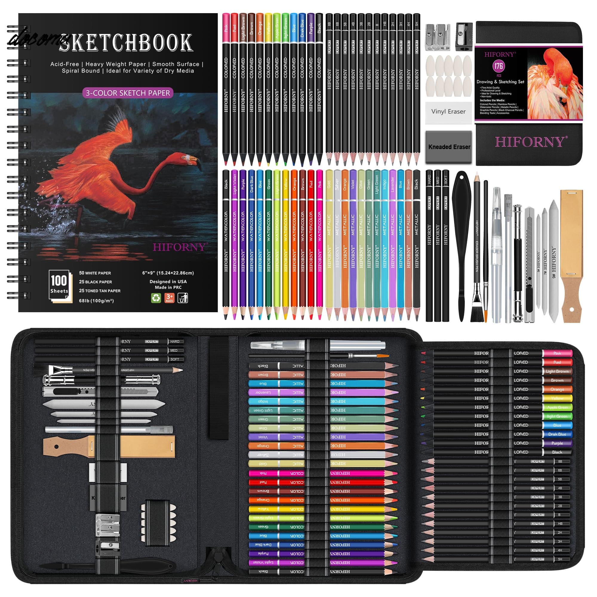 【送料無料】176個 画材 お絵かきセット スケッチキット 100枚入り 3色スケッチブック 黒鉛色チャコール水彩 メタリック鉛筆 ブレンドツールなど 初心者アーティスト向け