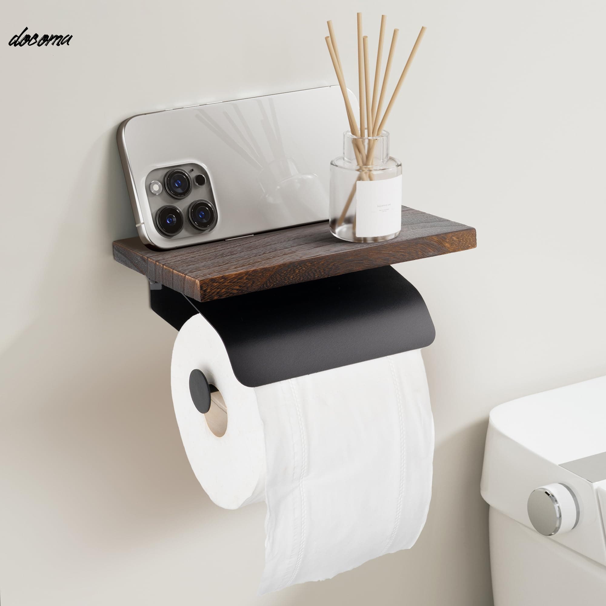 Rakuten - 【送料無料】木製 棚付き スマホ置き インテリア 賃貸 DIY おしゃれ 1連 簡単設置 補充楽 飾り棚 ペーパーホルダー 収納対応紙巻器(ブラウン×ブラック シングル)