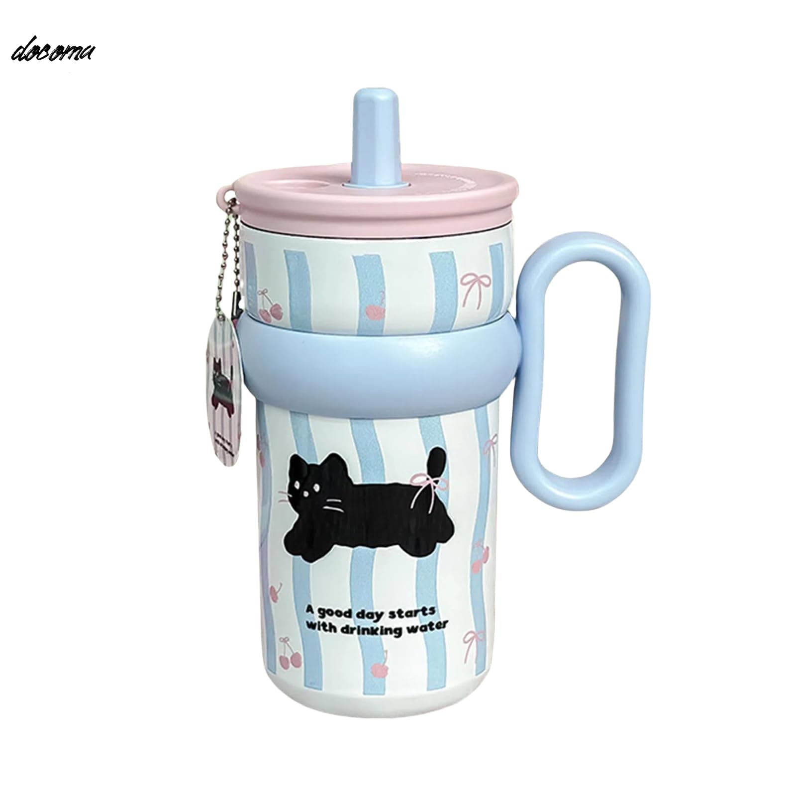 Rakuten - 【送料無料】540ml 保温保冷タンブラー ストロー付き 316ステンレス鋼内胆 かわいい子猫の落書きパターン 滑り止め/静音/広口洗いやすい オフィス 職場 アウトドア スポーツ ギフトに最適（ブルー）
