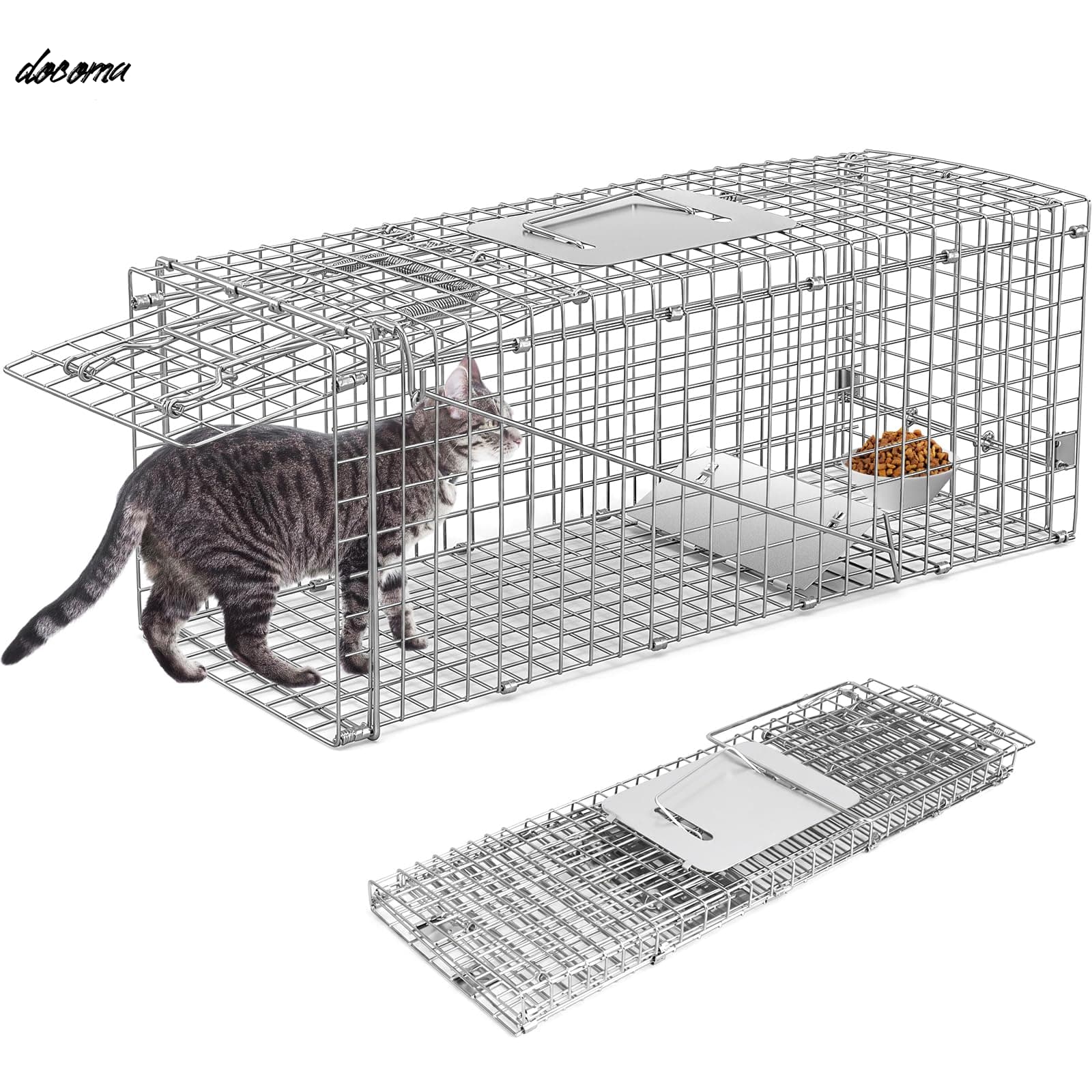 【送料無料】猫 動物用 保護器 踏み板式 猫捕獲器 66×26×23cm 猫の保護器 野良猫 迷子猫 小動物 保護 害獣駆除 農業作物保護 簡単組立 設置 畑 庭 家庭菜園 農業作物保護 野良猫 ねこ 保護かご 猫 安全 サイズ (シルバー)