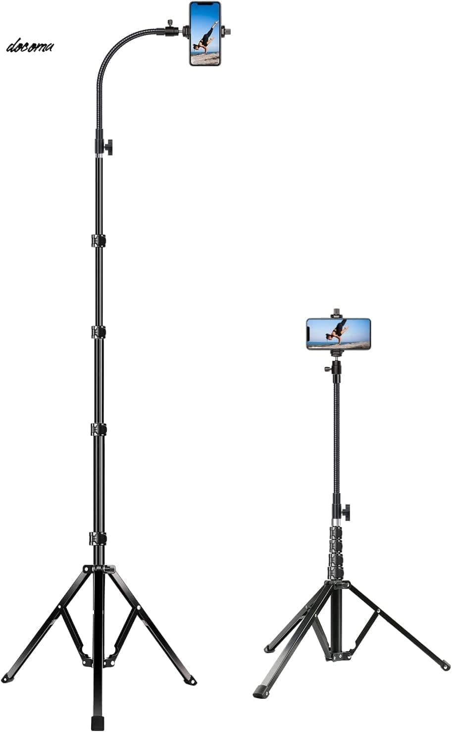 Rakuten - 【送料無料】三脚 （収納42cm 最大長さ205 cm） 4段階高さ調整 俯瞰撮影 転倒防止 アルミニウム合金 iphone 三脚 360度回転 グースネック スマホスタンド さんきゃく iPhone 15 14 13 / Android スマホ等対応