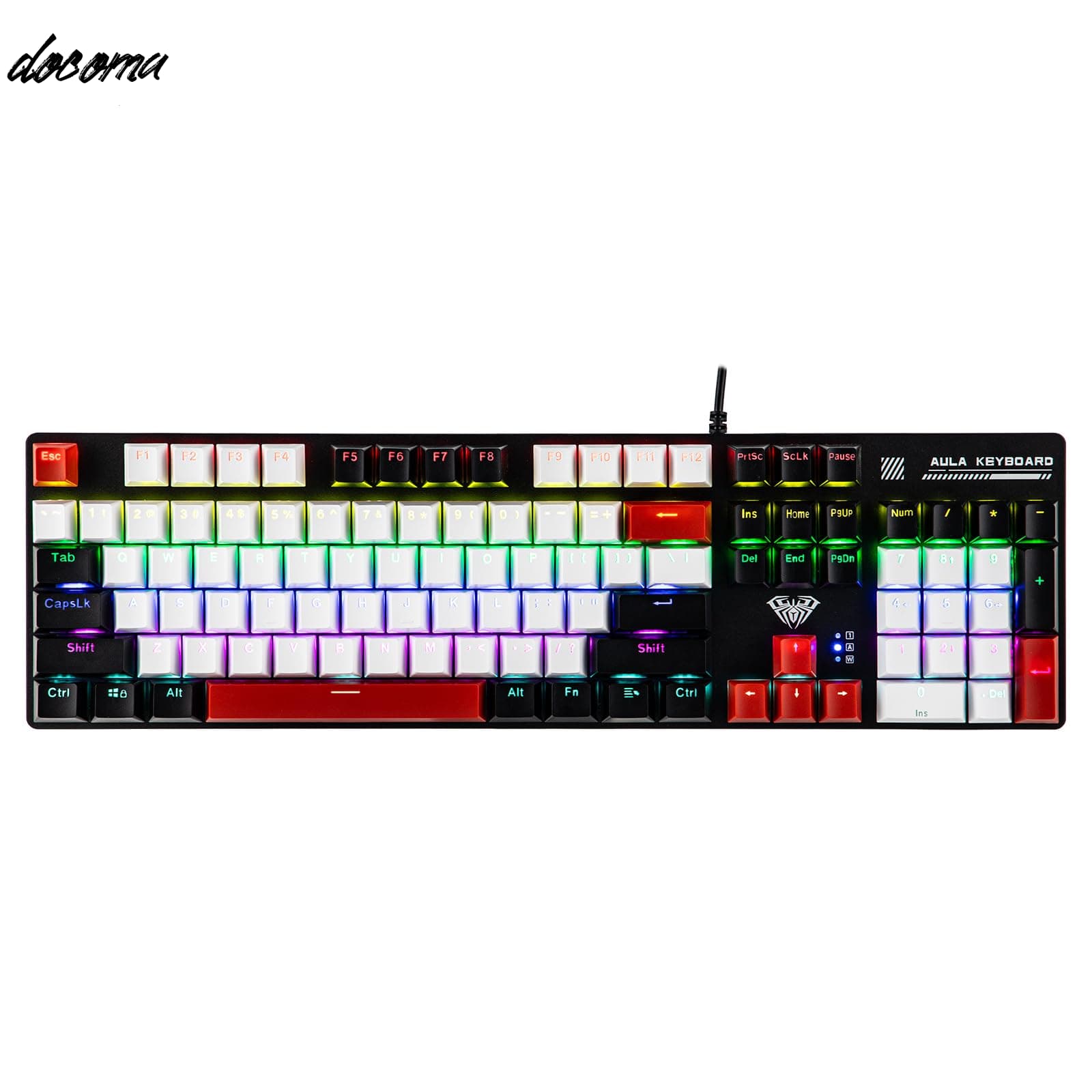 Rakuten - 【送料無料】Aula S500 有線ゲーミングキーボード 100%フルサイズ メカニカルキーボード テンキー付き 104キー NKRO 透光キーキャップ RGBバックライト付き PC & eスポーツ向け 人間工学設計 (Black&Red Blue Switch)