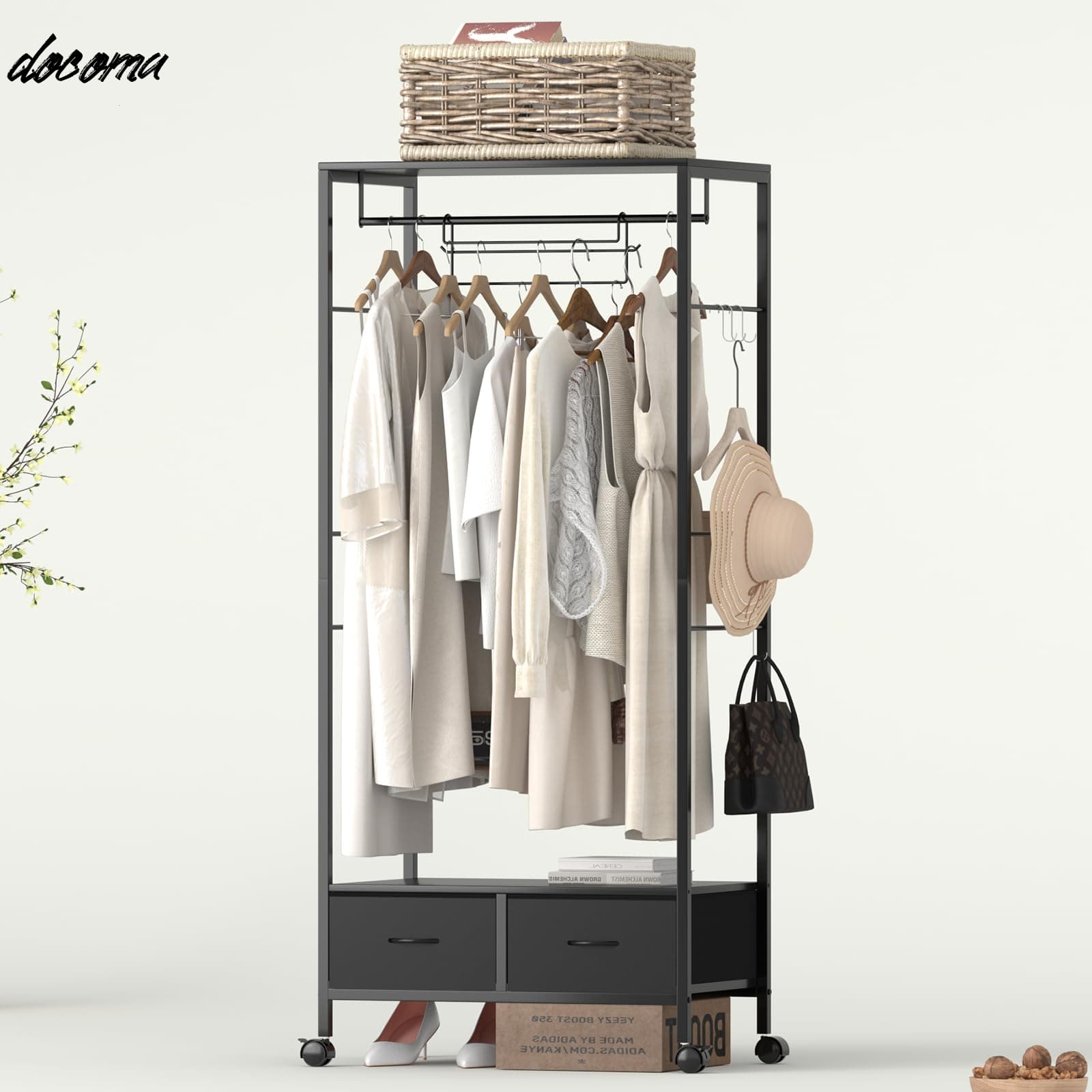 【送料無料】スリムハンガーラック 幅70奥行き42高さ160cm 総耐荷重80kg ロング丈の服を収納 移動式/固定式2WAY 引き出し2個付き 耐震転倒防止パーツ付き 組立簡単 おしゃれ収納 クローゼット ワードローブ (ブラック)