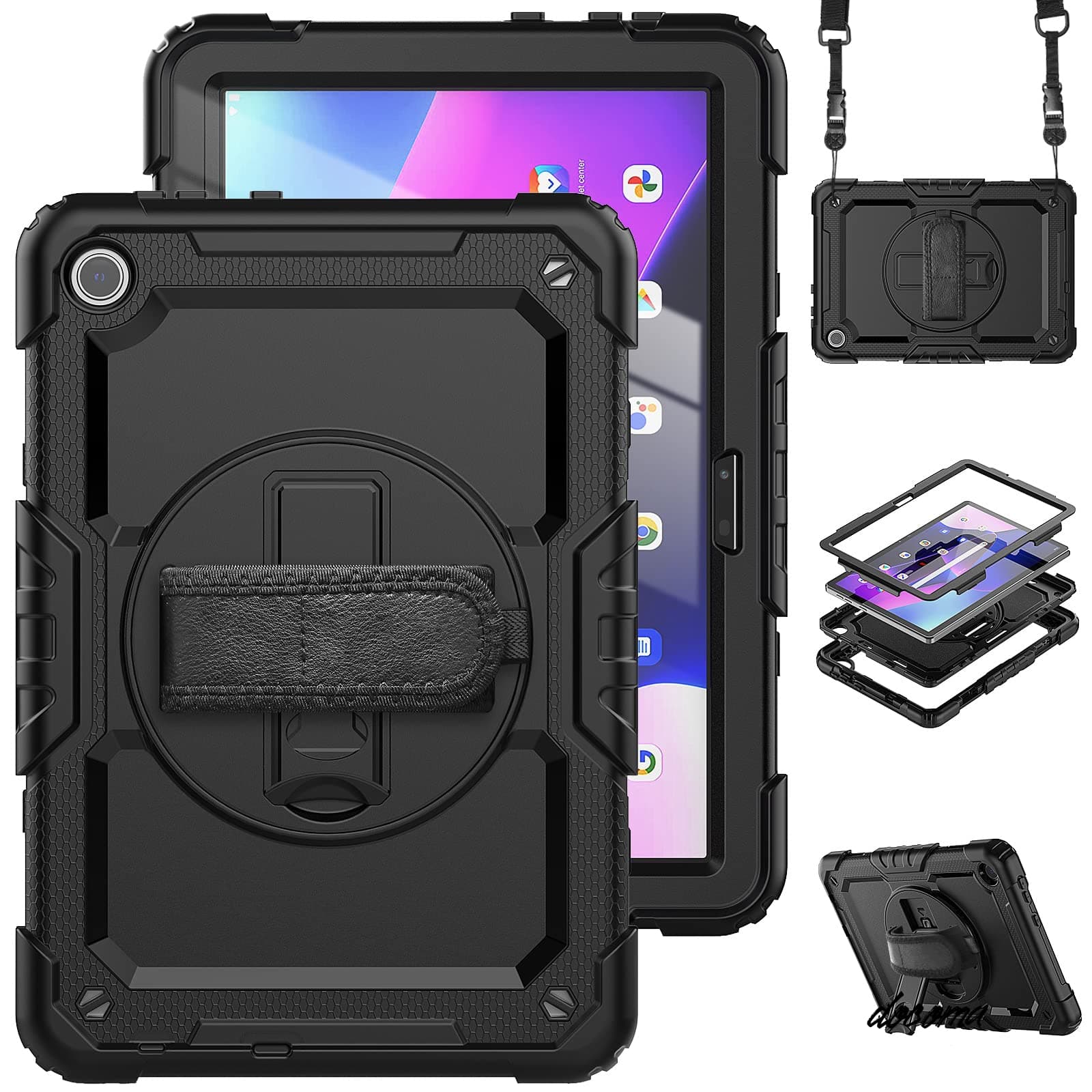 Rakuten - 【送料無料】2022モデルLenovo Tab M10 10.1インチ(TB-328F/TB-328FU/TB-328XU)ケース内蔵保護フィルム Lenovo Tab M10(3rd Gen)/ZAAE0009jp 360度回転スタンド機能付調節可能ショルダーストラップタブレットPCケース三層保護 三重構造 生活防水 耐久防塵