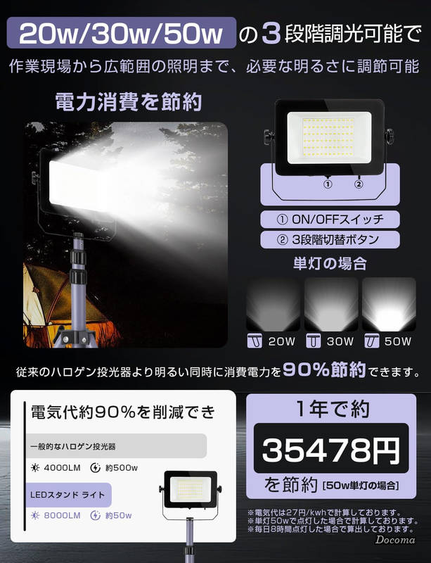 【送料無料】「三階段調光 20W 30W 50W」 作業灯 ledワークライト 6500k 高輝度 三...