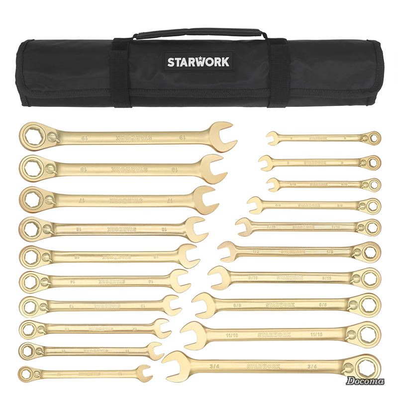 STARWORK 金色ラチェットレンチ 両用ヘッド ノンスリップギア XL ラチェットレンチセット (SAE/メトリック) 収納袋付
