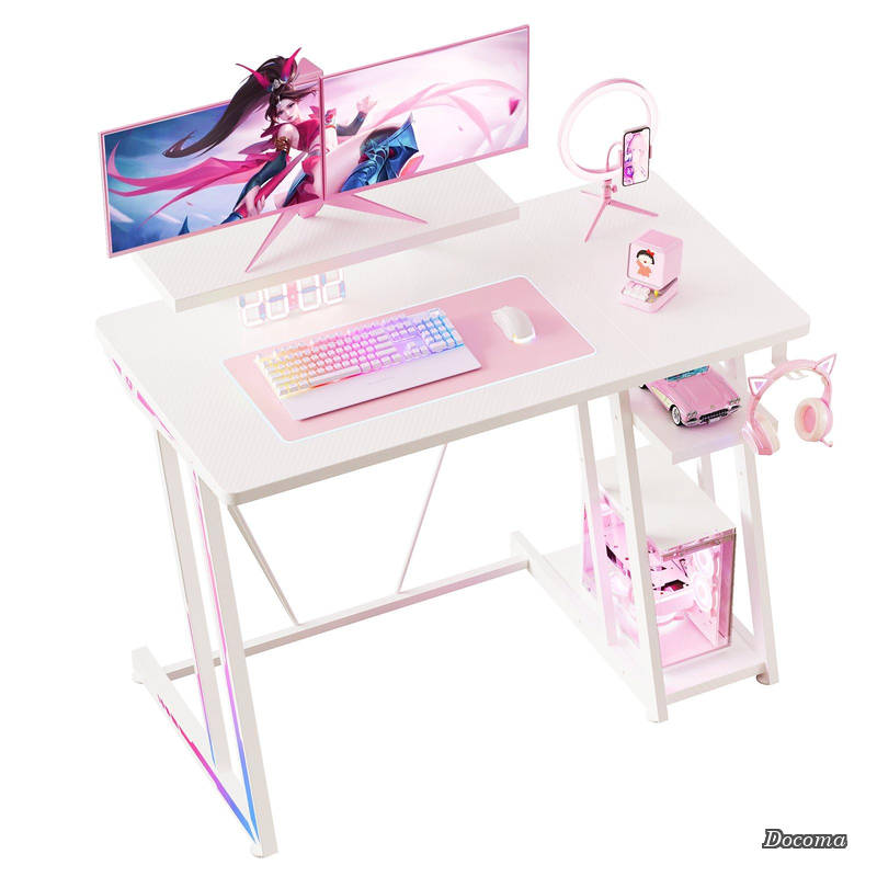樂天商城 - 【送料無料】ゲーミングデスク 100cm 2段収納棚付き 高さ調整可能 カーボン製ゲームデスク 60cmモニター支架（eスポーツ/在宅ワーク対応）ホワイト