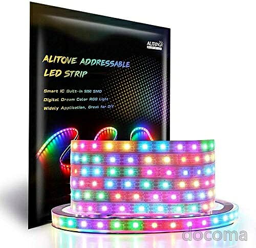 商品の特徴・「個別アドレス可能」ドリームフルカラーLEDテープライトので、ネオピクセルの60個LEDランプビーズはすべて自分の色と高輝度があります。そしてこのLEDランプビーズは単独で制御するもできます。256高輝度表示と24-bitカラー表示。お客様は自分で好きな色とアニメーションを設定することができます。・【簡単にプログラム】WS2812B LEDテープライトは Arduino, FastLED library, Raspberry Pi, FadeCandy, T1000Sなどを利用してプログラムすることができます。そして、SP103E（ASIN：B06XSDNCYZ）,SP105E, SP106E, SP107E, SP108E, SP110E, SP601E,SP608E,SP501E,K-1000C,X2 Musicと他のコントローラーは利用して、WS2812Bのテープライトを制御することができます。・「シリコンチューブ防水」透明なシリコン耐候性被覆で覆われています。まだ、防水チューブがあったので、屋外にいても、雨などの問題による一連の損傷や安全事故を心配する必要はありません。そして、このテープはさまざまの照明効果が展示されています。例えば流れ水効果、雨滴効果、ジャンピングフラッシュ効果、回り灯篭効果などで数百種類の照明効果があります。・【 DIYに適する】IC内蔵の新世代NeoPixelLEDを使用していますので、LED1個単位でコントロール可能です。3pin JST-SMコネクタを付く、また電源/接地配線は両端に付属して。両端ではFPCBがあって、はさみなどで簡単に切断できます。お好きな長さに調整も可能。柔らかテープ仕様なので平面、曲面も自由に使用してもいいです。お好きな長さに調整も可能です。・【用途】綺麗なグラデーション効果や動きのある表現が可能ですので、 イベントや展示会、また店舗集客要のオリジナルイルミネーション等に是非お試し下さい。お客様都合のキャンセルはお控えください。また他モールにて併売を行っており、Amazon 社のFBA マルチチャネルサービスを一部活用しております。梱包にAmazon ロゴの記載やAmazonの配達員が商品をお届け、また置き配になる可能性がございますので予めご了承ください。