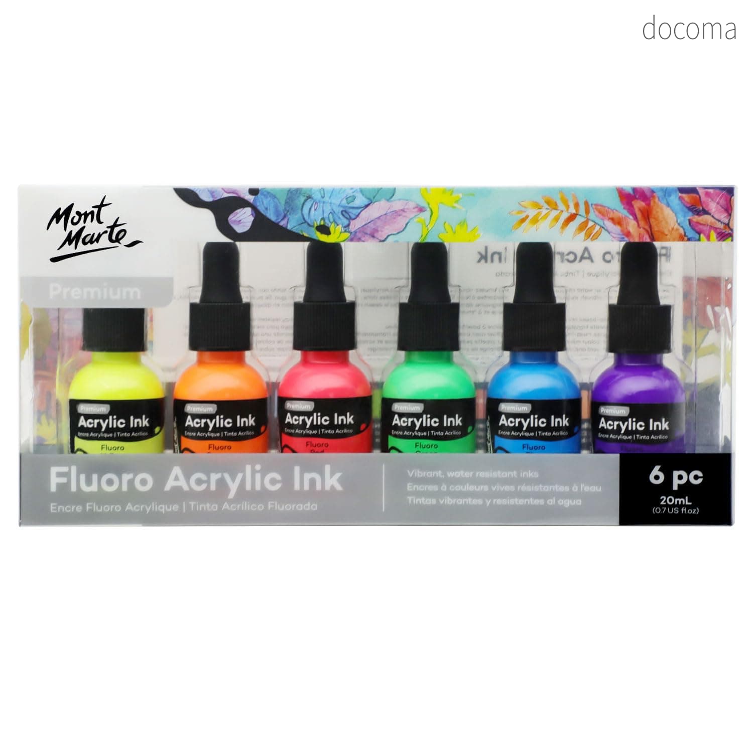 Rakuten - 【送料無料】Marte アクリルインク 6本x 20 ml 芸術家用 蛍光色 細かいディテールと水洗した色に使用され エアブラシ、流れ塗装、スクラップ画、水墨画、混合媒体に非常に適している