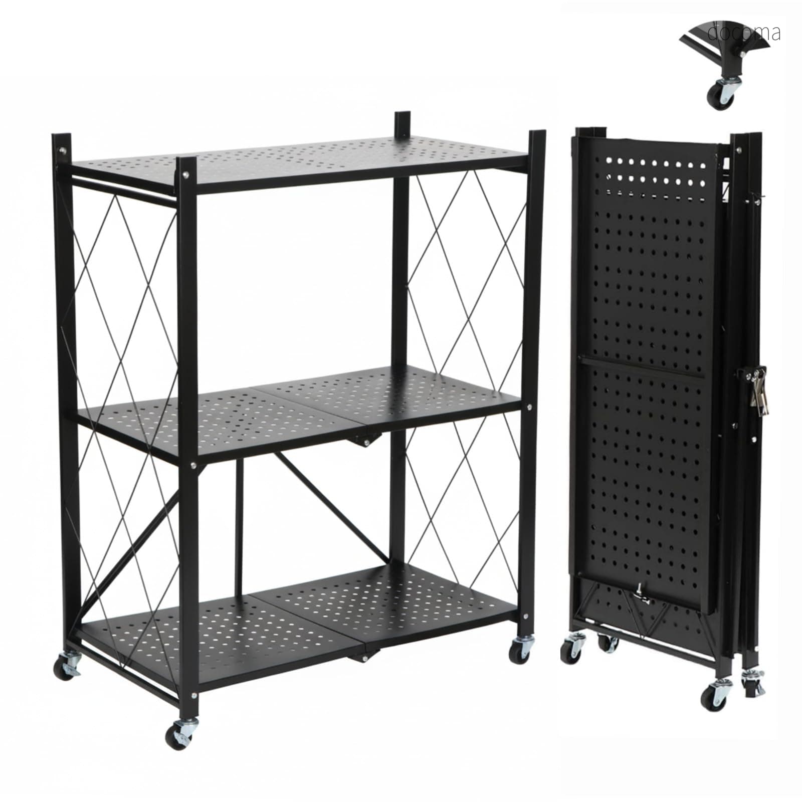 樂天商城 - 【送料無料】棚 メタルラック 幅70 オープンラック 収納ラック 幅71.5*奥行き39.5*高さ87CM キャスター付き 油汚れを防ぎ 移動自由 大容量 耐荷重に強い 家電/電子レンジ/食器棚 キッチン リビング 洗面所 寝室用 (ブラック 3段)