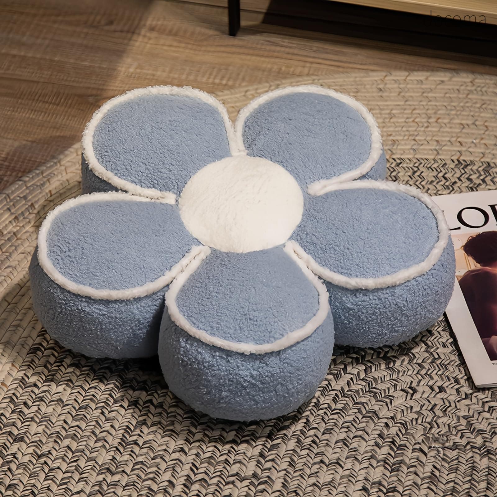 Rakuten - 【送料無料】直径40cm おしゃれ 花 クッション かわいい チェアパッド 高反発 可愛い 丸い 厚め 抱き枕 枕 柔らかい 背もたれ 四季通用 両面使用可能 オフィス 家を装飾する リビング ソファ ベッド 在宅勤務 椅子用 (ブルー)
